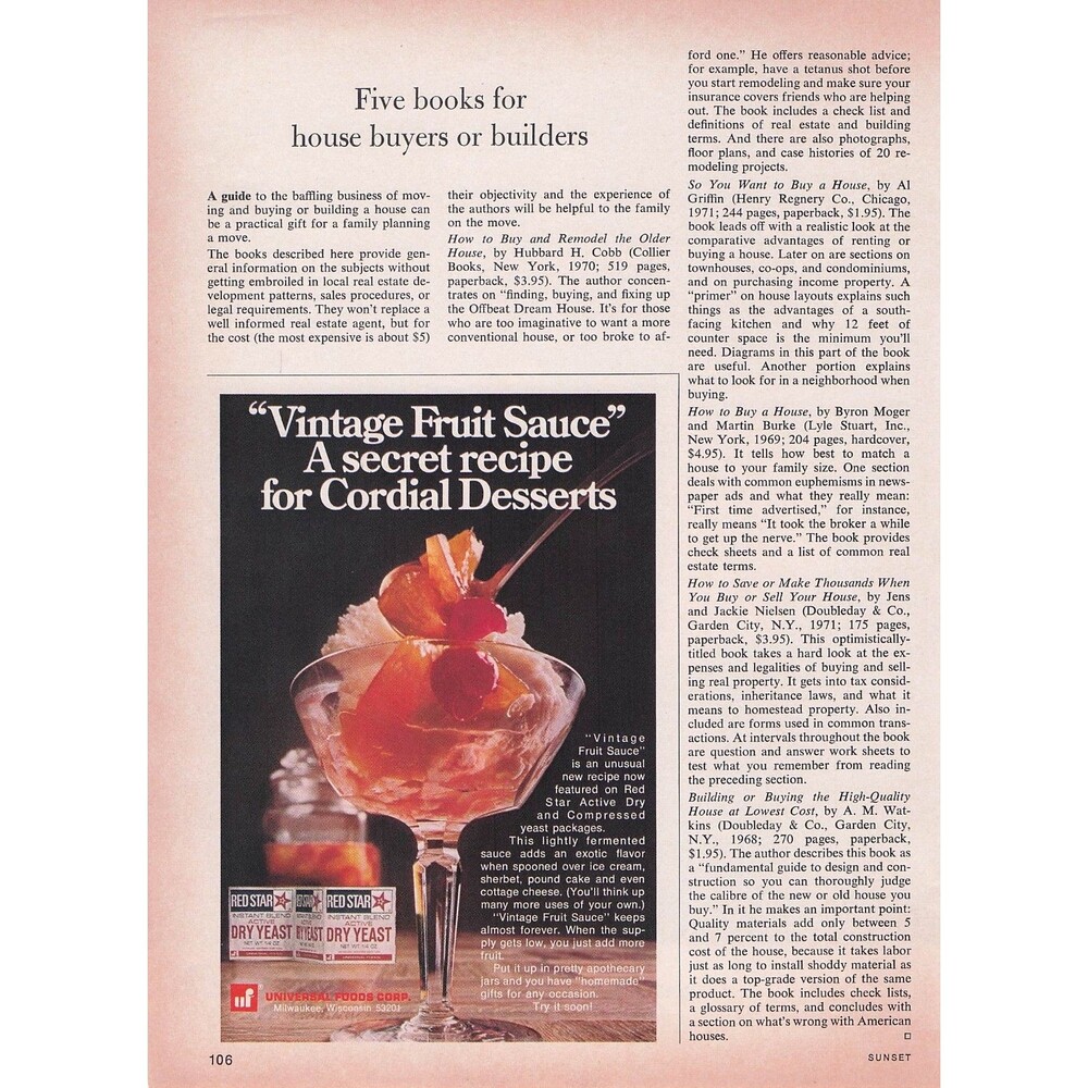 1972 Red Star Dry Yeast Vintage Print Ad Fruit Sauce Ice Cream Dessert Decor art